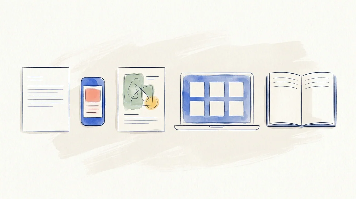 Five documents laid out in a row on a desk, from a CV to interview notes