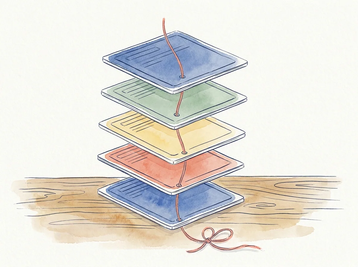 One thread connecting five cards into a single sequence