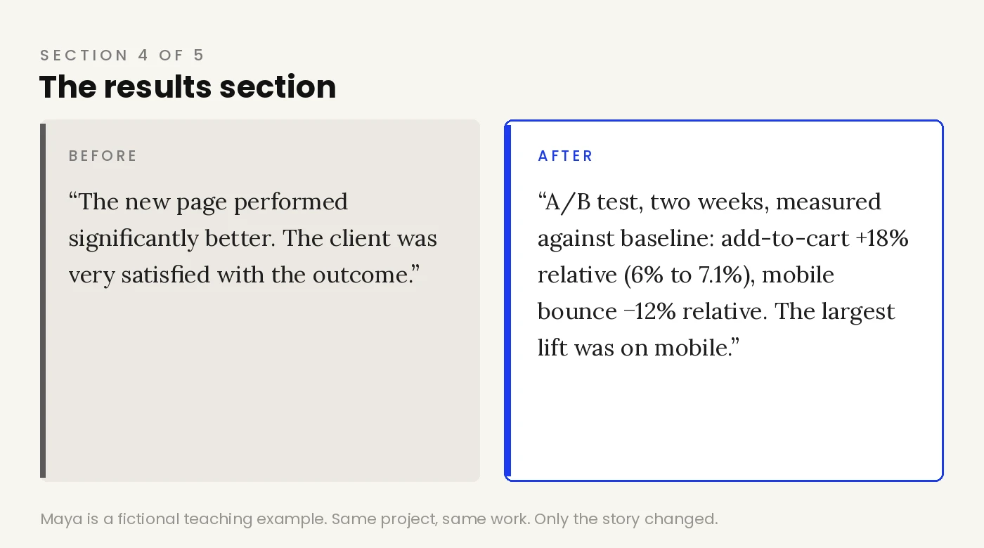 Weak and strong results section side by side, vague success claim versus A/B test lifts with baselines