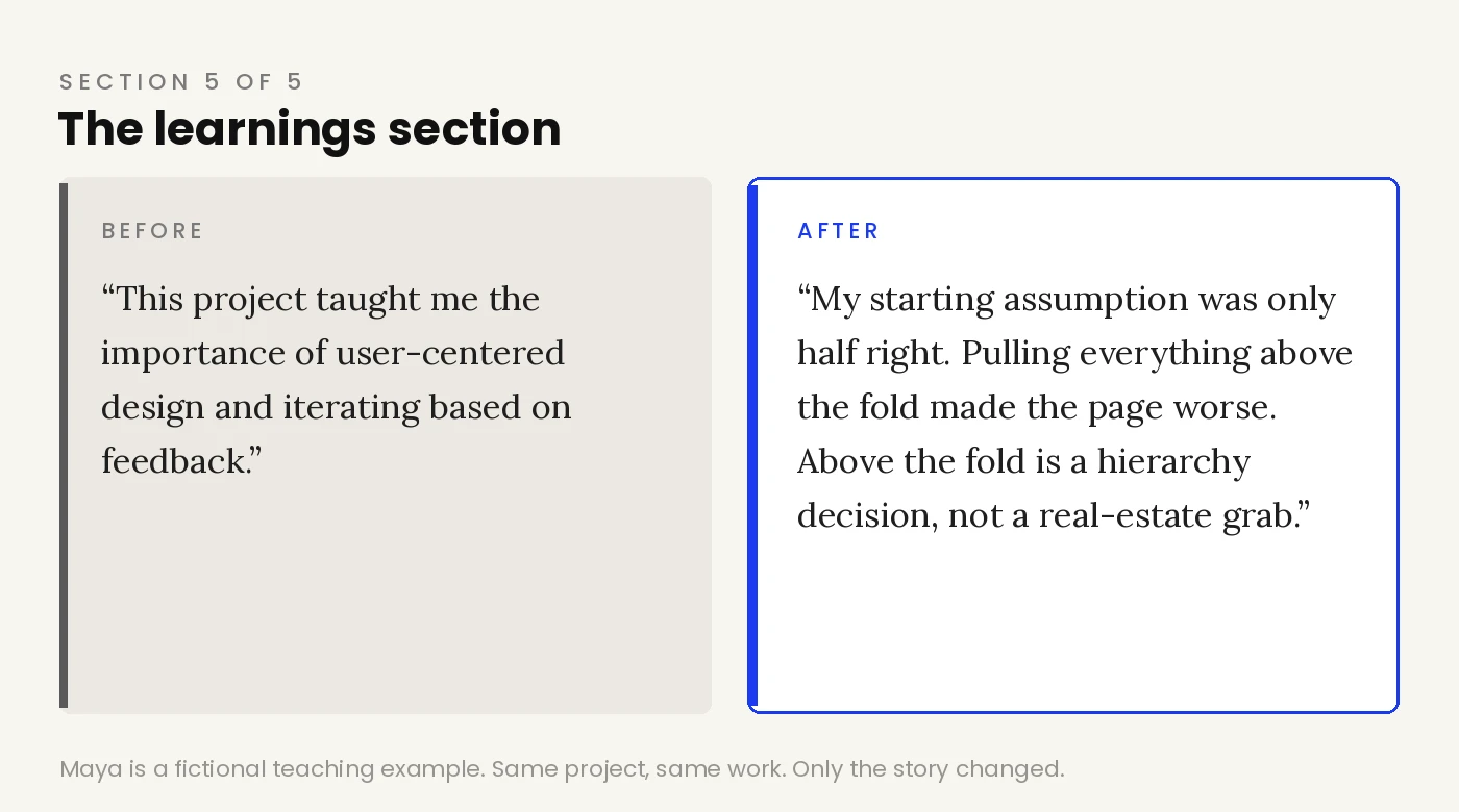 Weak and strong learnings section side by side, generic gratitude versus a broken assumption and its lesson